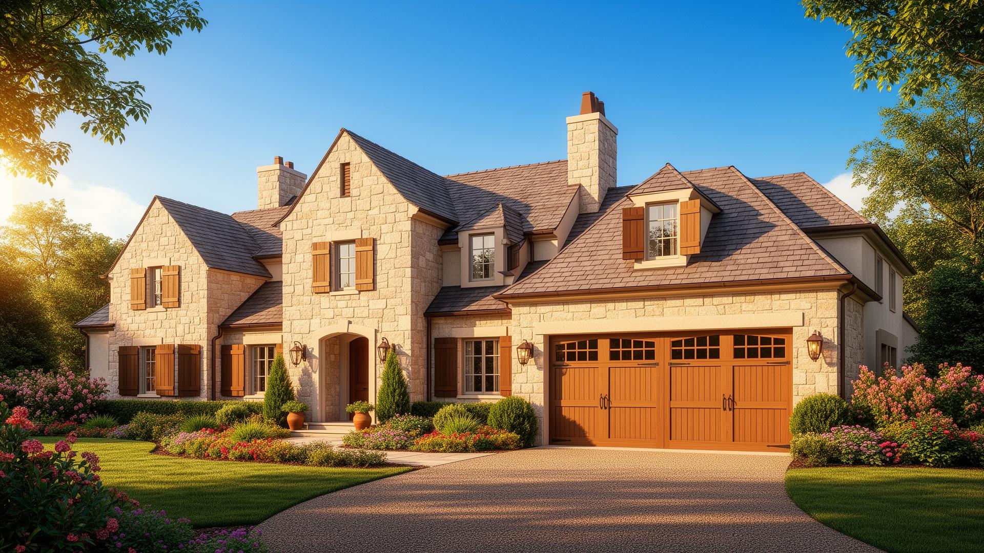 Beautiful French country estate with craftsman style garage doors featuring rectangular windows at top